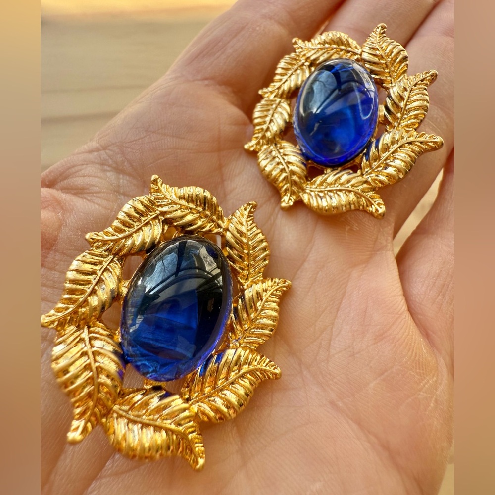 Made in France Blue Glass and Gold Tone Clip Earrings